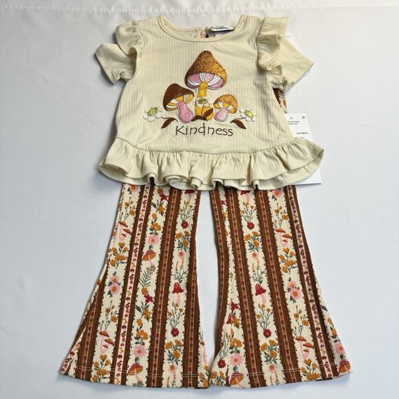 Rare Editions Little Girl's Rib Knit Top and Pants Size 4 Mushrooms 2-Pc Set - Picture 1 of 8